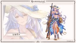 Rule 34 | 1girl, artist request, bare shoulders, bikini, braid, breasts, character name, cleavage, collarbone, commentary request, full body, granblue fantasy, gun, hair between eyes, hat, large breasts, long hair, looking at viewer, midriff, multiple views, navel, official art, rifle, silva (granblue fantasy), sleeveless, smile, sniper rifle, standing, stomach, swimsuit, thigh strap, weapon, white hair, yellow eyes