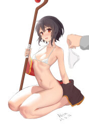 Rule 34 | 1girl, absurdres, arched back, bare arms, bare legs, bare shoulders, black hair, bottomless, breasts, commentary, dated, dead knight (20355611), english commentary, highres, holding, holding staff, kono subarashii sekai ni shukufuku wo!, legs, looking at viewer, medium hair, megumin, mixed-language commentary, navel, panties, red eyes, seiza, simple background, sitting, small breasts, solo, staff, underwear, white background