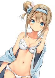 Rule 34 | 1girl, absurdres, bikini, blue eyes, blue hairband, blue jacket, breasts, cleavage, closed mouth, earrings, girls&#039; frontline, hair between eyes, hair bun, hairband, highres, jacket, jewelry, light brown hair, medium breasts, official alternate costume, open clothes, open shirt, sashima, shell, shell earrings, side bun, single hair bun, single side bun, solo, suomi (girls&#039; frontline), suomi (midsummer pixie) (girls&#039; frontline), swimsuit, white bikini
