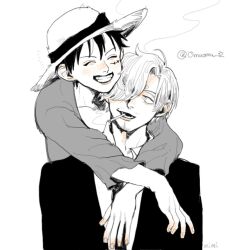 2boys cigarette closed_eyes commentary_request curly_eyebrows formal_clothes greyscale hair_over_one_eye hat hug hug_from_behind looking_at_another male_focus mimi_3s monkey_d._luffy monochrome multiple_boys necktie one_piece sanji_(one_piece) scar scar_on_face short_hair simple_background smile straw_hat suit twitter_username