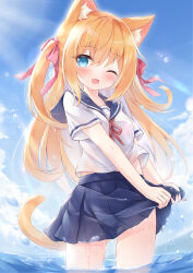 Rule 34 | 1girl, animal ear fluff, animal ears, blonde hair, blue eyes, blue skirt, blush, cat ears, cat girl, cat tail, clothes lift, cloud, highres, lifting own clothes, long hair, looking at viewer, mochizuki riku, one eye closed, open mouth, original, outdoors, pleated skirt, ribbon, school uniform, serafuku, shirt, short sleeves, skirt, skirt lift, sky, smile, solo, tail, thighs, two side up, wading, water, white shirt