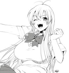Rule 34 | 1girl, antenna hair, breasts, greyscale, ikkitousen, large breasts, long hair, looking at viewer, monochrome, murata tefu, one eye closed, open mouth, simple background, skirt, smile, solo, sonsaku hakufu, white background