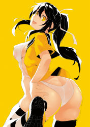 Rule 34 | 1girl, adjusting clothes, adjusting shoe, ass, bad id, bad pixiv id, black hair, breasts, butt crack, commentary request, from behind, hair ribbon, highres, kekemotsu, large breasts, long hair, looking at viewer, looking back, one-piece swimsuit, open clothes, open mouth, open shirt, original, ponytail, ribbon, school uniform, serafuku, short sleeves, simple background, smile, solo, standing, standing on one leg, striped clothes, striped thighhighs, swimsuit, thighhighs, yellow background, yellow eyes