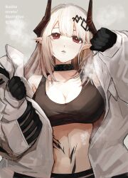Rule 34 | 1girl, absurdres, arknights, artist name, black gloves, black sports bra, breasts, cleavage, collar, earrings, gloves, hair ornament, highres, horns, infection monitor (arknights), jewelry, k-yosinori, large breasts, long hair, long sleeves, looking at viewer, material growth, mudrock (arknights), mudrock (elite ii) (arknights), navel, oripathy lesion (arknights), parted lips, pointy ears, red eyes, solo, sports bra, steaming body, stomach, undressing, upper body, very long hair, white hair