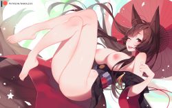 Rule 34 | 1girl, ;p, akagi (azur lane), animal ears, azur lane, bare shoulders, barefoot, black kimono, bottomless, breasts, breasts out, brown hair, feet, fox ears, hair tubes, japanese clothes, kimono, large breasts, crossed legs, long hair, looking at viewer, nanoless, navel, nipples, oil-paper umbrella, one eye closed, patreon username, red eyes, solo, toes, tongue, tongue out, umbrella, wide sleeves