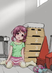 Rule 34 | 1girl, blue footwear, cure cotton, green shirt, gym storeroom, hair ornament, hairclip, highres, hugtto! precure, indoors, long hair, low twintails, nono kotori, open mouth, pink skirt, precure, purple eyes, purple hair, shirt, shoes, unworn shoes, short sleeves, short twintails, sitting, skirt, smile, solo, thighhighs, traffic cone, twintails, vaulting horse, white thighhighs