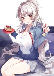 Rule 34 | 1girl, blue jacket, breasts, cake, cleavage, commentary request, food, fruit, grey hair, grey skirt, highres, holding, holding plate, jacket, large breasts, long hair, long sleeves, looking at viewer, open mouth, original, plate, red eyes, ringozaka mariko, shirt, sitting, skirt, solo, strawberry, white shirt