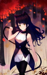 Rule 34 | 1girl, animal ears, april cho, bad id, bad pixiv id, black hair, blake belladonna, brown eyes, cat ears, floating hair, forest, head tilt, holding, holding whip, long hair, midriff, nature, navel, outdoors, pantyhose, pantyhose under shorts, petals, rwby, short shorts, shorts, sleeveless, smile, solo, standing, stomach, swept bangs, white shorts