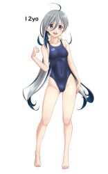 Rule 34 | 1girl, absurdres, ahoge, bare shoulders, barefoot, blue one-piece swimsuit, breasts, clothes writing, collarbone, commentary request, competition swimsuit, covered navel, full body, grey eyes, grey hair, hair between eyes, highres, kantai collection, kiyoshimo (kancolle), kiyoshimo kai ni (kancolle), long hair, low twintails, one-piece swimsuit, open mouth, round teeth, simple background, small breasts, solo, swimsuit, takafumi, teeth, twintails, upper teeth only, variant set, very long hair, white background