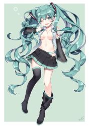 Rule 34 | 1girl, absurdres, arm up, black skirt, black sleeves, black thighhighs, blush, boots, breasts, detached sleeves, full body, green background, green eyes, green hair, grey shirt, hair between eyes, hand on own head, hatsune miku, highres, long hair, looking at viewer, medium breasts, navel, necktie, no bra, number tattoo, one eye closed, open clothes, open mouth, open shirt, panties, pleated skirt, see-through, shirt, shoulder tattoo, signature, skirt, sleeveless, sleeveless shirt, solo, striped clothes, striped panties, takashina taaa, tattoo, thigh boots, thighhighs, twintails, underwear, undone necktie, very long hair, vocaloid, wavy hair