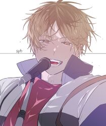 Rule 34 | 1boy, blonde hair, ear piercing, given, highres, jacket, kashima hiiragi (given), looking at viewer, male focus, microphone, microphone stand, multicolored hair, multiple piercings, oishii dk, open mouth, piercing, portrait, red shirt, shirt, solo, streaked hair, teeth, tongue, white background, yellow eyes
