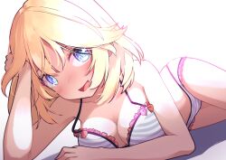 Rule 34 | 1girl, bikini, blonde hair, breasts, cleavage, commentary, grey bikini, hand in own hair, highres, hololive, hololive english, kiirokuma, light, looking at viewer, lying, medium breasts, on side, solo, strap gap, striped bikini, striped clothes, swimsuit, virtual youtuber, watson amelia