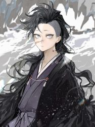 Rule 34 | 1boy, ;p, asymmetrical hair, black hair, closed mouth, dated, earrings, facial scar, grey background, haori, highres, japanese clothes, jewelry, kimetsu no yaiba, kimono, light particles, looking at viewer, male focus, odd7qjxrjtueldt, one eye closed, scar, scar on cheek, scar on face, scar on nose, shinazugawa genya, sidecut, solo, tassel, tassel earrings, tongue, tongue out, undercut, upper body