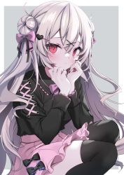 Rule 34 | 1girl, absurdres, beretta crossrain, black nails, black shirt, black thighhighs, blush, border, bow, bright pupils, commentary request, commission, double bun, grey background, grey hair, hair bow, hair bun, hair ornament, hairclip, hands on own chin, heart, heart hair ornament, highres, indie virtual youtuber, long hair, long sleeves, looking at viewer, nail polish, pink bow, pink skirt, pout, red eyes, shirt, simple background, skeb commission, skirt, squatting, thighhighs, virtual youtuber, white eyes, white pupils, yoruhoshi owl