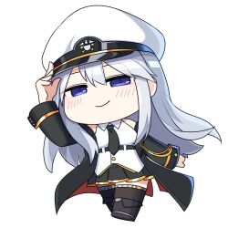 Rule 34 | 1girl, arm up, azur lane, black coat, black footwear, black necktie, black skirt, black thighhighs, boots, breasts, chibi, coat, collared shirt, commentary, english commentary, enterprise (azur lane), full body, gold trim, grey hair, hair between eyes, half-closed eyes, hat, large breasts, light blush, long hair, long sleeves, looking at viewer, miniskirt, necktie, no nose, official art, open clothes, open coat, pleated skirt, purple eyes, shirt, skirt, sleeveless, sleeveless shirt, smirk, smug, solo, standing, star (symbol), thighhighs, very long hair, white hat, white shirt