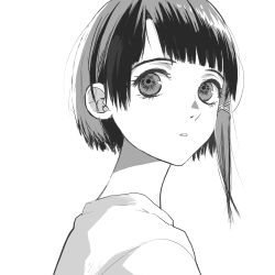 Rule 34 | 1girl, asymmetrical hair, black hair, blunt bangs, close-up, green hair, grey eyes, greyscale, hair ornament, hairclip, highres, iwakura lain, looking away, looking to the side, monochrome, parted lips, portrait, serial experiments lain, short hair, simple background, solo, white background, yubi kamii