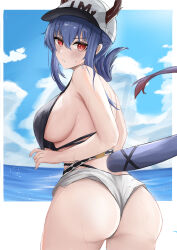 Rule 34 | 1girl, absurdres, arknights, bare arms, baseball cap, bikini, black bikini, blue hair, breasts, ch&#039;en (arknights), ch'en (arknights), closed mouth, cloud, cloudy sky, commentary, cowboy shot, day, dragon girl, dragon horns, dragon tail, english commentary, expressionless, female tourist c (arknights), grey shorts, hair between eyes, hat, highleg, highleg bikini, highres, horns, horns through headwear, large breasts, looking at viewer, looking to the side, namikare, ocean, outdoors, red eyes, short shorts, shorts, sky, solo, standing, sweat, swimsuit, tail, white hat