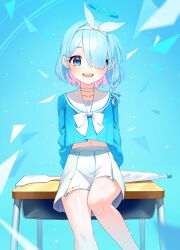 Rule 34 | 1girl, absurdres, arona (blue archive), blue archive, blue eyes, blue hair, blue halo, blue shirt, blush, bow, braid, choker, colored inner hair, commentary request, desk, feet out of frame, glow (user hnpv7785), hair over one eye, hair ribbon, halo, highres, korean commentary, looking at viewer, midriff peek, multicolored hair, on table, open mouth, pink hair, pleated skirt, ribbon, sailor collar, school desk, shirt, side braid, sitting, skirt, smile, solo, table, teeth, upper teeth only, white bow, white choker, white ribbon, white sailor collar, white skirt