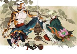 Rule 34 | 3boys, animal ears, animal hands, atie1225, baggy pants, bandages, bird tail, black hair, blonde hair, branch, chinese clothes, chinese zodiac, claws, cup, facial scar, feathered wings, feathers, foot wraps, fur, hair bun, hanfu, harpy, harpy boy, holding, holding cup, lying, male focus, monster boy, monster girl, multiple boys, original, pants, robe, scar, scar on cheek, scar on face, scar on neck, sharp teeth, single hair bun, snake, tail, tea, teacup, teapot, teeth, tiger boy, tiger ears, tiger stripes, tree, under tree, watercolor background, wings, yawning
