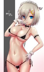 Rule 34 | 10s, 1girl, :d, arm garter, armpits, artist name, bad id, bad nicoseiga id, bare arms, bare legs, bare shoulders, bikini, black bikini, black bow, black bowtie, black ribbon, blue eyes, bow, bowtie, breasts, cleavage, closed mouth, collarbone, contrapposto, covered erect nipples, cowboy shot, creature, detached collar, eyebrows, eyes visible through hair, finger to mouth, franz (217franz), frilled bikini, frills, gegege no kitarou, gloves, groin, hair ornament, hair over one eye, hairband, hairclip, hamakaze (kancolle), hand on own hip, highres, index finger raised, kantai collection, large breasts, lips, looking at viewer, maid, maid bikini, maid headdress, micro bikini, navel, open mouth, partially visible vulva, ribbon, shiny skin, short hair, side-tie bikini bottom, silver hair, simple background, skin tight, skindentation, smile, solo, standing, stomach, swimsuit, thigh gap, thighs, two-tone background, unconventional maid, white gloves