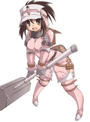 Rule 34 | 1girl, :d, armor, backpack, bag, bandages, belt, belt pouch, black eyes, black hair, blush, boots, breasts, brown eyes, brown hair, buttons, capcom, covered erect nipples, fang, fingerless gloves, gloves, hammer, hat, helmet, khezu (armor), large breasts, leaning forward, looking at viewer, medium breasts, miniskirt, monster hunter (series), naitou, naitou kouse, open mouth, pink footwear, pink thighhighs, pouch, scales, short hair, side slit, simple background, skirt, smile, solo, strap, thigh boots, thigh strap, thighhighs, war hammer, warhammer, weapon