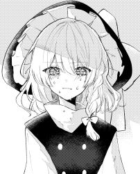 Rule 34 | 1girl, absurdres, black hat, black vest, blush, bow, braid, commentary request, crying, crying with eyes open, greyscale, hair between eyes, hair bow, hat, highres, kirisame marisa, looking at viewer, monochrome, shirt, single braid, solo, tears, touhou, turtleneck, upper body, vest, white shirt, witch hat, yukia (yukia 777)