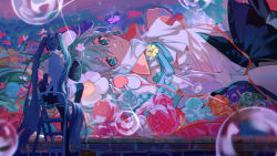 Rule 34 | 1girl, absurdly long hair, aqua eyes, aqua hair, aqua nails, black skirt, black sleeves, black thighhighs, blue flower, blue rose, blurry, blurry foreground, brick wall, bubble, bug, butterfly, chair, commentary, daisy, detached sleeves, eyelashes, facing away, flower, full body, hair between eyes, hand up, hatsune miku, highres, hitokoto, holding, holding mouse (computer), holding paintbrush, insect, long hair, looking at viewer, lying, magical mirai miku, magical mirai miku (2021), multiple views, mural, nail polish, on back, orange flower, orange rose, paintbrush, painting (action), pink flower, pink rose, pleated skirt, purple butterfly, red ribbon, ribbon, rose, shaded face, shirt, sitting, skirt, smile, tagme, thighhighs, twintails, upper body, very long hair, vocaloid, white flower, white shirt