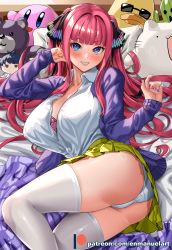 Rule 34 | ass, blue eyes, blush, bra visible through clothes, bralines, breasts, cleavage, clothes lift, enma (enmanuelart), go-toubun no hanayome, green skirt, hair ornament, head rest, highres, huge breasts, looking at viewer, lying, nakano nino, on side, panties, pink hair, school uniform, see-through, shirt, skirt, skirt lift, smile, solo, thick thighs, thighhighs, thighs, under skirt, underwear, wet, wet clothes, wet shirt, white panties, white thighhighs
