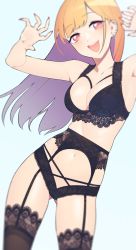 Rule 34 | 1girl, :d, armpits, arms up, black bra, black garter belt, black panties, black thighhighs, blonde hair, blurry, blush, bra, breasts, claw pose, collarbone, contrapposto, cowboy shot, ear piercing, earrings, garter belt, gluteal fold, gradient hair, happy, highres, jewelry, kitagawa marin, lace, lace-trimmed bra, lace-trimmed legwear, lace panties, lace trim, lingerie, long hair, looking at viewer, medium breasts, multicolored hair, multiple piercings, nail polish, navel, open mouth, panties, piercing, red eyes, red nails, simple background, smile, solo, sono bisque doll wa koi wo suru, standing, teeth, thighhighs, thighs, underwear, underwear only, upper teeth only, yan wan