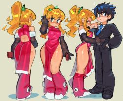Rule 34 | 1boy, 1girl, ass, blonde hair, boots, breasts, brother and sister, capcom, china dress, chinese clothes, dress, formal, gloves, gluteal fold, green eyes, mega man (character), mega man (classic), mega man (series), naughty face, ponytail, ribbon, roll (mega man), siblings, simple background, suit, thick thighs, thighs, wamudraws, wide hips
