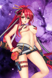 Rule 34 | 00s, 1girl, anti-materiel rifle, arm at side, bad id, bad pixiv id, belt, bikini, bikini top only, breasts, cleavage, convenient censoring, from below, gun, highres, large breasts, looking at viewer, midriff, navel, open mouth, red eyes, red hair, revealing clothes, rifle, senteiou, short shorts, shorts, sniper rifle, solo, stomach, studded belt, studded bracelet, swimsuit, tengen toppa gurren lagann, torn bikini, torn clothes, weapon, yoko littner