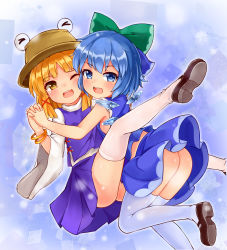Rule 34 | 2girls, :d, adapted costume, armpit crease, ass, bent over, blonde hair, blue background, blue hair, blue skirt, blue vest, blunt bangs, blush, bow, bracelet, brown footwear, cheek-to-cheek, child, cirno, gradient background, hair between eyes, hair bow, hat, heads together, high collar, highres, holding hands, interlocked fingers, jewelry, leg lift, loafers, long sleeves, looking at viewer, mary janes, moriya suwako, multiple girls, no panties, one eye closed, open mouth, shirt, shoes, short hair, sidelocks, skirt, skirt set, sleeveless, sleeveless shirt, smile, thighhighs, touhou, vest, white legwear, white shirt, wide sleeves, wings, yangshangshu
