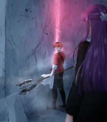 Rule 34 | 1boy, 1girl, arm wrap, axe, battle axe, black coat, black footwear, black hair, black pants, blurry, blurry foreground, boots, chiroru shimai, cliff, coat, crack of light, depth of field, dress, facing another, fern (sousou no frieren), from behind, glowing, half updo, highres, holding, holding polearm, holding weapon, jacket, long hair, long sleeves, looking back, multicolored hair, pants, polearm, profile, purple hair, red hair, red jacket, short hair, sleeves rolled up, solo focus, sousou no frieren, standing, stark (sousou no frieren), streaked hair, weapon, white dress