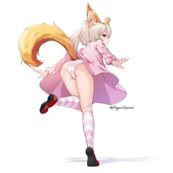 Rule 34 | 1girl, ahoge, animal ears, artist name, ass, closed mouth, dress, elin, expressionless, female focus, fox ears, fox tail, from behind, full body, horizontal-striped legwear, kneepits, leg up, loafers, long sleeves, looking back, magma chipmunk, outstretched arms, panties, pink dress, ponytail, puffy pants, red eyes, red footwear, shadow, shoes, simple background, socks, solo, standing, striped clothes, striped legwear, striped socks, tail, tera online, thighs, underwear, white background, white panties