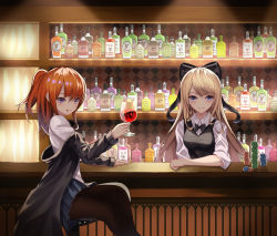 Rule 34 | 2girls, :p, absurdres, alcohol, bad id, bad pixiv id, bar (place), black legwear, blonde hair, blush, bottle, bow, bowtie, cup, cup6542, drinking glass, formal, glass, hair between eyes, hair bow, highres, holding, long hair, looking back, multiple girls, original, pantyhose, pleated skirt, poker chip, ponytail, purple eyes, red hair, sidelocks, sitting, skirt, suit, tongue, tongue out, wine glass