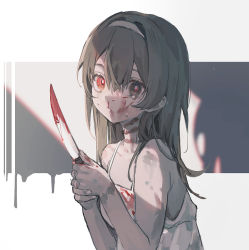 Rule 34 | 1girl, blood, blood on clothes, blood on face, bloody weapon, breasts, bruise, camisole, child, closed mouth, crying, crying with eyes open, douya (233), expressionless, female focus, finger marks, grey eyes, grey hair, hairband, holding, holding knife, injury, knife, long hair, looking at viewer, nosebleed, original, pale skin, red eyes, small breasts, solo, tears, upper body, weapon