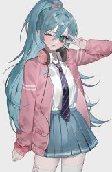 Rule 34 | 1girl, absurdres, aqua eyes, aqua hair, aqua nails, bamme o3o, blue bow, blue hair, blue skirt, blush, bow, cable, closed mouth, eyelashes, fingernails, green bow, grey background, hair between eyes, hair bow, hatsune miku, headphones, headphones around neck, highres, jacket, long eyelashes, long fingernails, long hair, nail polish, necktie, open clothes, open jacket, pink bow, pink jacket, ponytail, red bow, school uniform, shirt tucked in, simple background, skirt, sleeves past wrists, solo, striped clothes, striped necktie, thighhighs, tongue, tongue out, v, v over eye, very long hair, vocaloid, white thighhighs