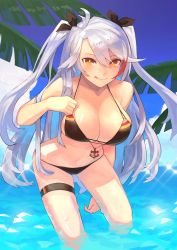 Rule 34 | 1girl, :q, absurdres, aoiro (t aoiro123), azur lane, bare arms, bare shoulders, bikini, black bikini, blue sky, breasts, cleavage, cloud, cloudy sky, day, flag print, german flag bikini, glint, hair ribbon, halterneck, halterneck, highres, horizon, large breasts, leaf, leaning forward, long hair, looking at viewer, multicolored hair, orange eyes, outdoors, prinz eugen (azur lane), prinz eugen (unfading smile) (azur lane), red hair, ribbon, sidelocks, sky, solo, stomach, streaked hair, swimsuit, thigh strap, thighs, tongue, tongue out, two side up, very long hair, wading, water, white hair