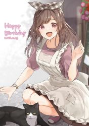 Rule 34 | 1girl, :d, apron, blurry, blurry background, bow, brown hair, cat, dated, depth of field, hair bow, happy birthday, highres, idolmaster, idolmaster shiny colors, looking at viewer, open mouth, outdoors, pekoni (peconi), puffy short sleeves, puffy sleeves, short sleeves, smile, squatting, straight hair, tsukioka kogane, watch, white apron, wristwatch