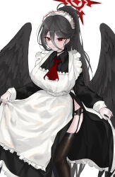 Rule 34 | 1girl, alternate costume, apron, black choker, black dress, black hair, black thighhighs, black wings, blue archive, breasts, choker, closed mouth, collared dress, cropped legs, dragonchicken02, dress, enmaided, frilled apron, frilled dress, frills, garter belt, hair between eyes, halo, hasumi (blue archive), highres, large breasts, large wings, long hair, long sleeves, looking at viewer, maid, maid apron, maid headdress, mole, mole under eye, necktie, ponytail, red eyes, red necktie, side slit, simple background, skirt hold, smile, solo, thighhighs, thighs, very long hair, white apron, white background, wings
