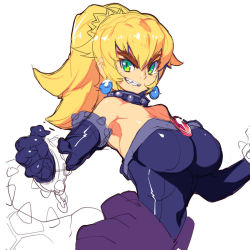 Rule 34 | 1girl, armlet, bare shoulders, black gloves, blonde hair, bowsette, bracelet, breasts, collar, commentary request, dress, earrings, elbow gloves, gloves, green eyes, hair between eyes, jewelry, large breasts, looking at viewer, mario (series), metata, new super mario bros. u deluxe, nintendo, no headwear, no headwear, ponytail, sharp teeth, simple background, sleeveless, smile, solo, spiked armlet, spiked bracelet, spiked collar, spikes, strapless, strapless dress, teeth, unfinished, upper body, white background