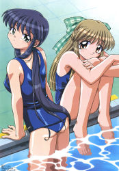 Rule 34 | 2girls, :o, armpits, ass, barefoot, blue hair, blush, bow, brown hair, crease, crossed arms, feet, friends, green eyes, hair bow, highres, hugging own legs, kanon, kawasumi mai, key (company), knees to chest, kurata sayuri, leaning forward, long hair, looking at viewer, looking back, megami magazine, multiple girls, official art, one-piece swimsuit, oonishi youichi, open mouth, orange eyes, plaid, ponytail, pool, poolside, scan, school swimsuit, scrunchie, sidelocks, sitting, smile, soaking feet, swimsuit, tile floor, tiles, very long hair, wading, water