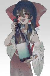 Rule 34 | 1girl, absurdres, blush, bottle, bow, brown hair, detached sleeves, hair bow, hair tubes, hakurei reimu, highres, holding, holding bottle, long hair, looking at viewer, open mouth, red bow, red eyes, red skirt, simple background, skirt, smile, sokura (mochichitose), solo, touhou, white background, white sleeves, wine bottle