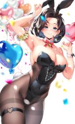 Rule 34 | 1girl, animal ears, armpits, balloon, belt, black leotard, blue eyes, blush, bow, bowtie, breasts, brown hair, brown pantyhose, cleavage, collar, earrings, frilled collar, frills, heart balloon, highleg, highleg leotard, highres, jewelry, large breasts, leotard, looking at viewer, mature female, medium hair, muto (uadocjon 21), original, pantyhose, playboy bunny, rabbit ears, red bow, red bowtie, smile, solo, standing, white collar