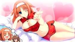 Rule 34 | 1girl, amakase miharu, areola slip, blowing kiss, blue eyes, blush, breasts, cleavage, da capo, da capo i, game cg, headband, heart, large breasts, looking at viewer, lying, navel, on bed, on side, one eye closed, orange hair, solo, wink