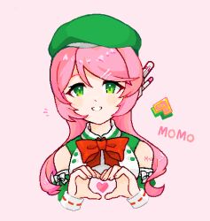 Rule 34 | beret, blush, bow, bowtie, character name, commentary request, cropped torso, detached sleeves, green eyes, green hat, grin, hair ornament, hairclip, hands up, hat, heart, heart hands, jaggy lines, long hair, looking at viewer, lowres, momone momo, notice lines, pink background, pink hair, red bow, red bowtie, robot ears, roto (roto doko), shirt, shoulder tattoo, simple background, sleeveless, sleeveless shirt, smile, swept bangs, tattoo, utau, wavy hair