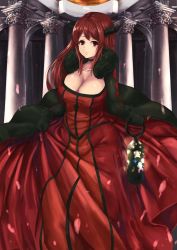 Rule 34 | 10s, 1girl, blush, breasts, cleavage, curvy, demon horns, dress, horns, lantern, large breasts, long dress, long hair, looking at viewer, maou (maoyuu), maoyuu maou yuusha, raycat, red eyes, red hair, smile, solo, wide hips