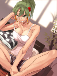 Rule 34 | 1girl, breasts, camisole, cleavage, evil grin, evil smile, eyebrows, glasses, green eyes, green hair, grin, homeko, large breasts, os-tan, smile, solo, sun-3, teeth, thighs, xp home-tan, xphome