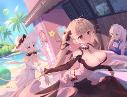 Rule 34 | 3girls, :d, :o, absurdres, apron, azur lane, beach, belfast (azur lane), black dress, blue apron, blue eyes, blush, braid, breasts, cleavage, coconut tree, commentary request, dress, elbow gloves, flower, food, formidable (azur lane), frilled dress, frills, gloves, gothic lolita, hair flower, hair ornament, hair ribbon, hand on headwear, hat, highres, holding another&#039;s arm, illustrious (azur lane), large breasts, lolita fashion, long hair, long sleeves, looking at another, looking at viewer, maid headdress, medium breasts, multiple girls, ocean, open mouth, palm tree, pantyhose, pixiv id, red eyes, ribbon, shirt, side braid, skirt hold, smile, somna, sun hat, tree, twintails, two-tone dress, very long hair, white dress, white gloves, white hair, white headwear, white legwear, white shirt