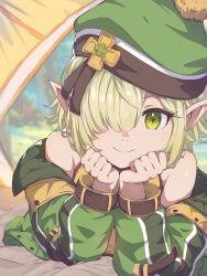 Rule 34 | 1girl, aoi (camp) (princess connect!), aoi (princess connect!), bare shoulders, beanie, blush, clover ornament, elf, green eyes, green hat, green jacket, hair over one eye, hat, head rest, highres, jacket, light green hair, looking at viewer, lying, off shoulder, official alternate costume, on stomach, open clothes, open jacket, orange tank top, outdoors, pointy ears, princess connect!, short hair, smile, solo, tank top, tent, upper body, yako noir (kei-ne)